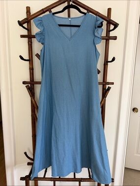 Light Blue V-Neck Midi Dress with Ruffle Cap Sleeves